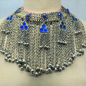 Massive Afghan Tribal Jewelry Set, Antique Kuchi Long Dangling Bells Necklace